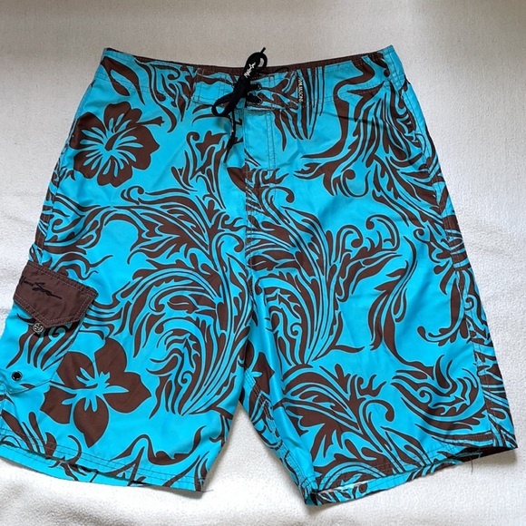 Maui and Sons Bright Blue and Brown Designs Board-shorts (Size: 32) - Picture 2 of 12